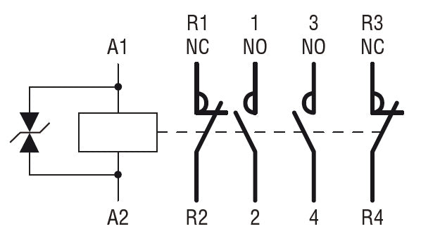 Four-pole contactor, IEC operating current Ith (AC1) = 32A, DC coil low consumption, 2NO and 2NC