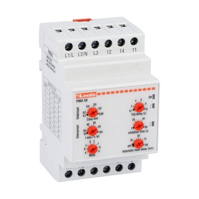 Pump protection relay for single and three-phase systems, maximum AC current and minimum COSΦ. Phase loss and incorrect phase sequence, 5A or 16A, PMA50A240