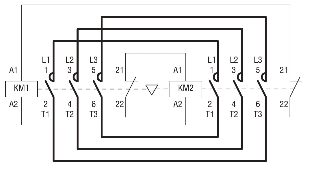 Reversing contactor assembly, AC coil, external interlock with power and auxiliary wiring, 9A AC3 in AC, 4kW.