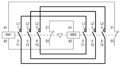 Reversing contactor assembly, AC coil, external interlock with power and auxiliary wiring, 9A AC3 in AC, 4kW.