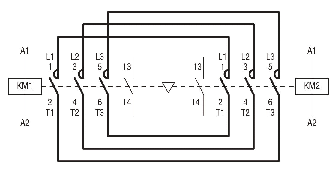 Reversing contactor assembly, AC coil, built-in interlock with power wiring only, 9A AC3 in AC, 4kW