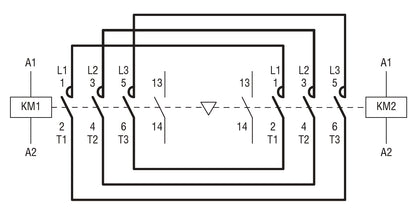 Reversing contactor assembly, AC coil, built-in interlock with power wiring only, 9A AC3 in AC, 4kW