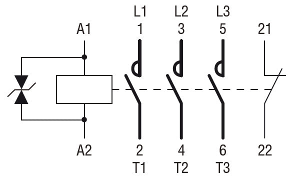 Three-pole contactor, IEC operating current Ie (AC3) = 18A, DC coil, 1NC auxiliary contact