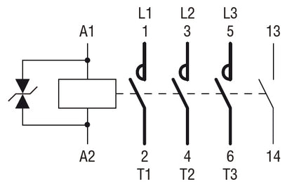 Three-pole contactor, IEC operating current Ie (AC3) = 25A, DC coil low consumption, 1NO auxiliary contact