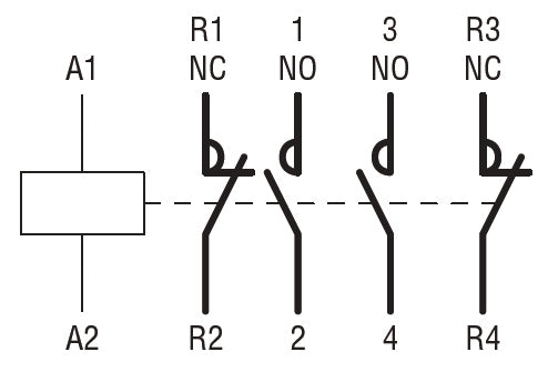 Four-pole contactor, IEC operating current Ith (AC1) = 45A, AC coil, 2NO and 2NC