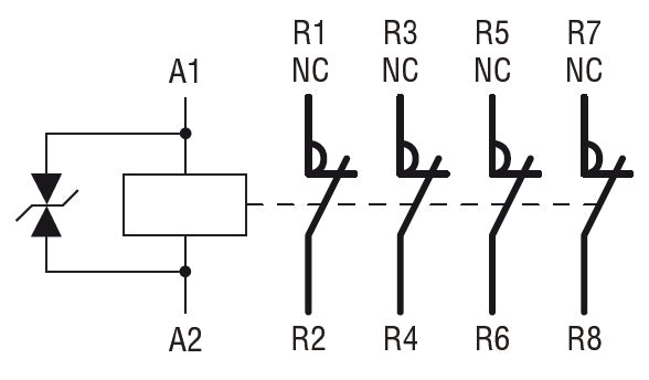 Four-pole contactor, IEC operating current Ith (AC1) = 32A, DC coil, 4NC