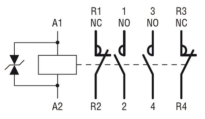 Four-pole contactor, IEC operating current Ith (AC1) = 56A, DC coil, 2NO and 2NC