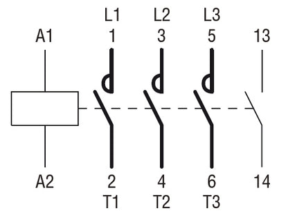 Three-pole contactor, IEC operating current Ie (AC3) = 12A, AC coil  1NO auxiliary contact