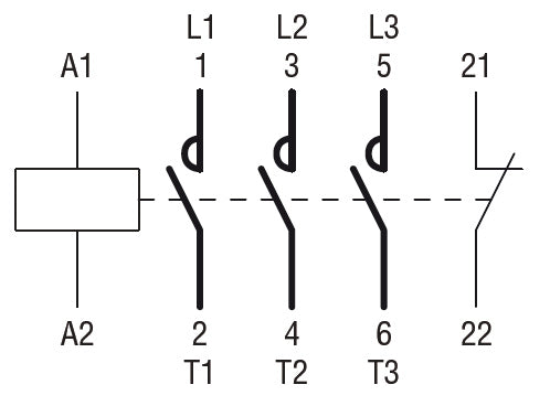 Three-pole contactor, IEC operating current Ie (AC3) = 9A, DC coil low consumption, 1NC auxiliary contact