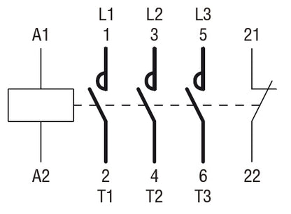 Three-pole contactor, IEC operating current Ie (AC3) = 9A, DC coil, 1NC auxiliary contact