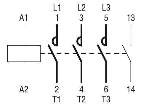 Three-pole contactor, IEC operating current Ie (AC3) = 9A, DC coil, 1NO auxiliary contact