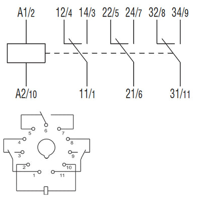 11-PIN Industrial relay with LED state indicator and mechanical actuator, 10A, 3 C/O contacts, fitting on socket HR7XS2