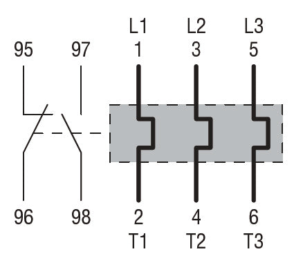 Motor protection relay, non phase failure/non single-phase sensitive. Three-pole (three-phase), automatic resetting. Direct mounting on BF95 - BF150 contactors