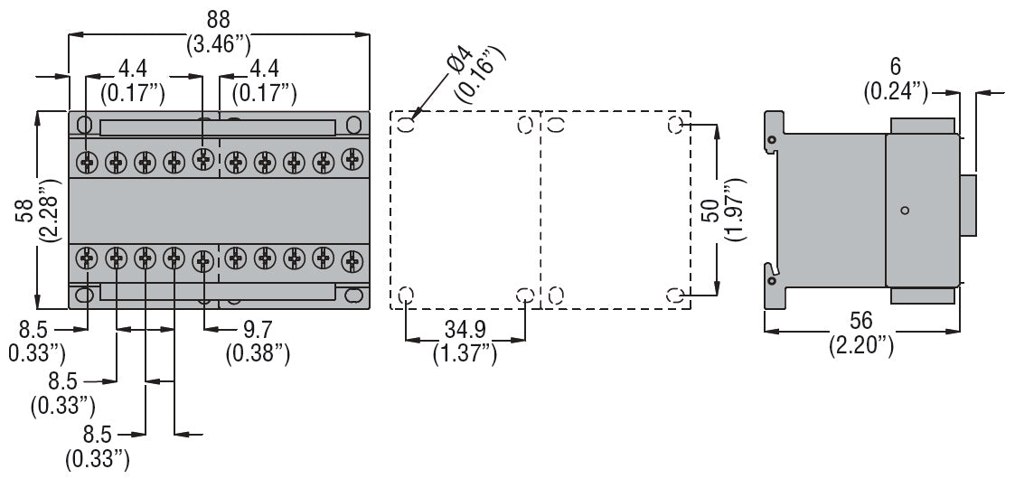 Reversing contactor assembly, AC coil, external interlock with power and auxiliary wiring, 9A AC3 in AC, 4kW.