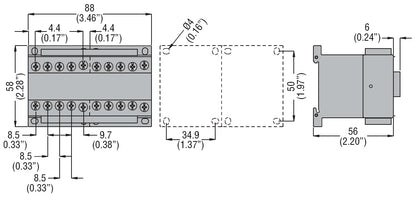 Reversing contactor assembly, AC coil, external interlock with power and auxiliary wiring, 9A AC3 in AC, 4kW.