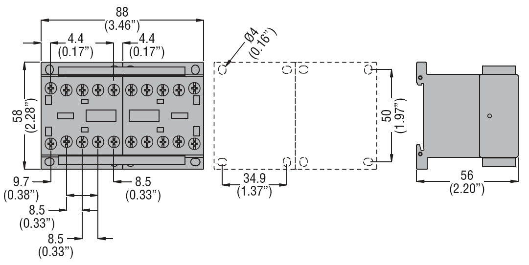 Reversing contactor assembly, AC coil, built-in interlock with power wiring only, 9A AC3 in AC, 4kW