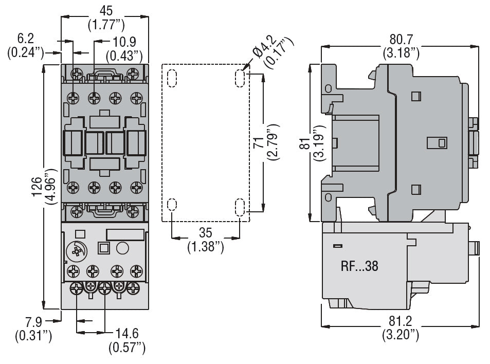 Three-pole contactor, IEC operating current Ie (AC3) = 25A, AC coil, 1NC auxiliary contact