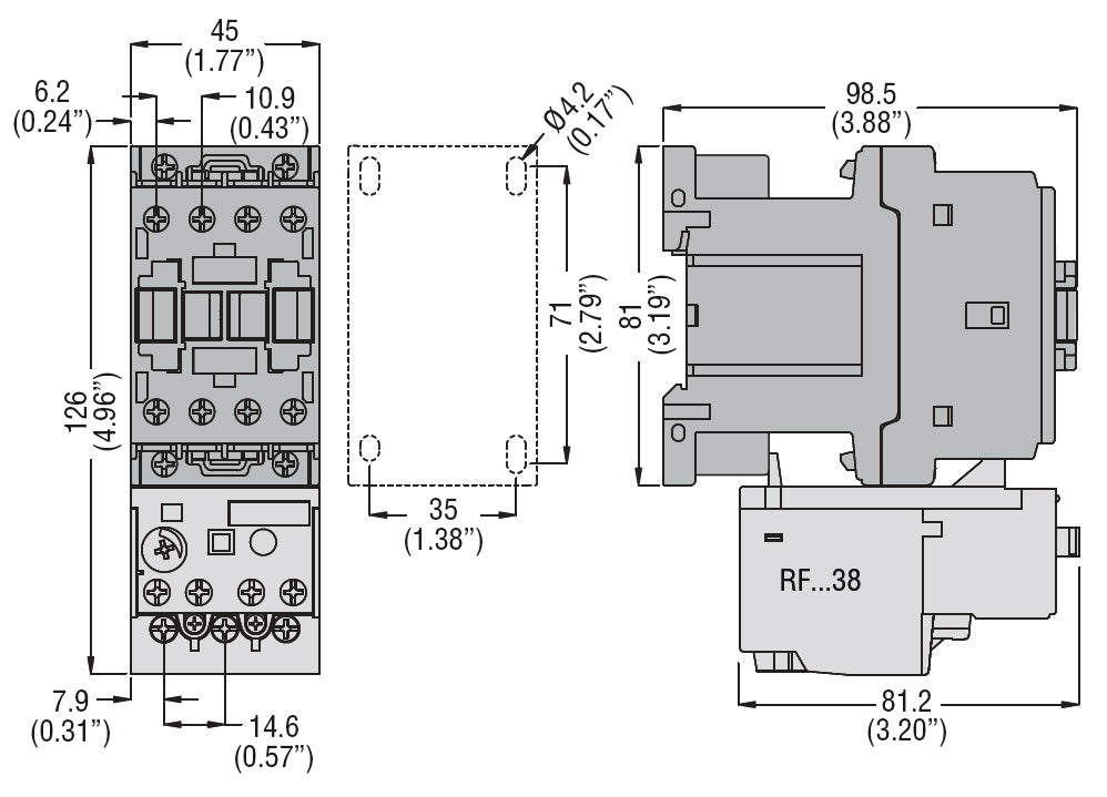 Three-pole contactor, IEC operating current Ie (AC3) = 18A, DC coil low consumption, 1NC auxiliary contact