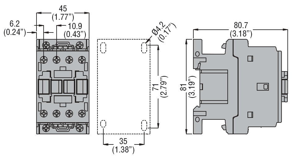 Four-pole contactor, IEC operating current Ith (AC1) = 25A, AC coil, 2NO and 2NC