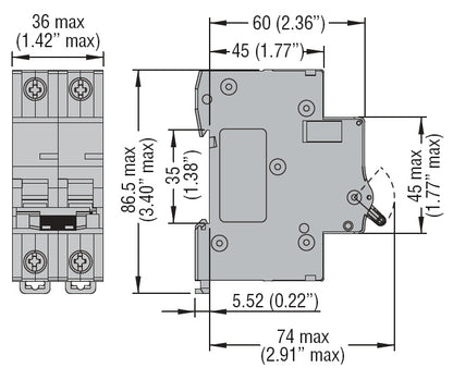 Miniature circuit breaker, 2P - 10kA. 2 modules, characteristic B