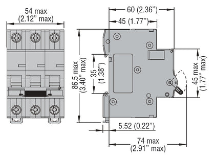 Miniature circuit breaker, 3P - 10kA. 3 modules, characteristic B