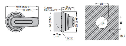 Door-coupling handle. For GA030A, GA063A...GA160A and GAX6001. For GE0160P/T4P...GE0250/T4. For GMF...030...GMF J200. Screw fixing. 65mm/2.56” lever length pistol handle - defeatable (REQ. UL508A). Red/yellow. IP66, IP69K, NEMA 4X