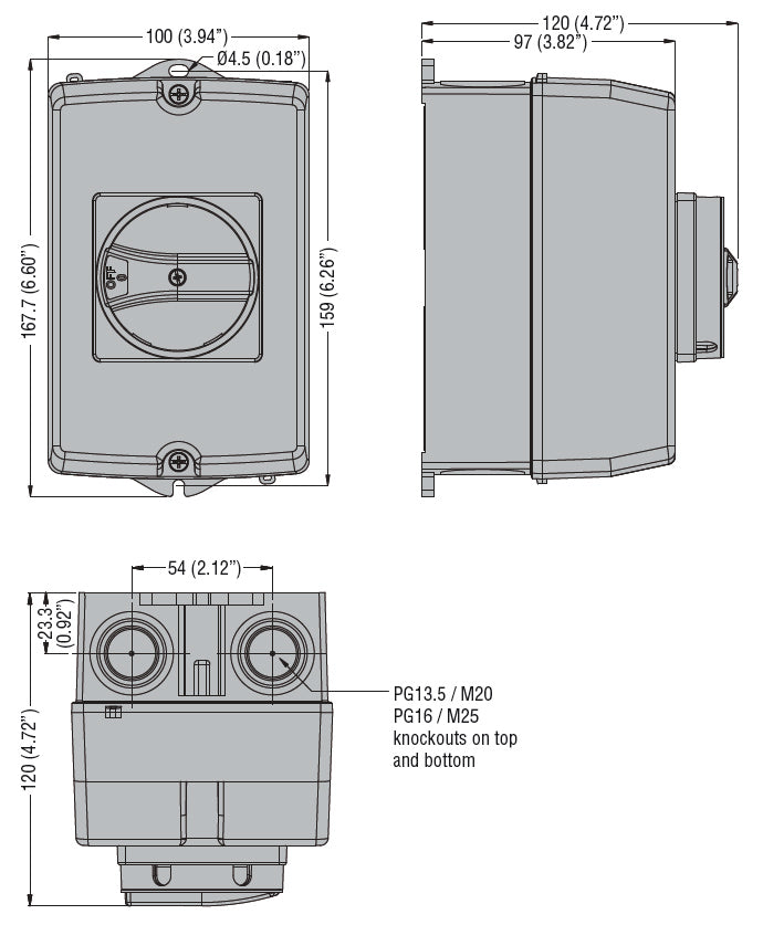 UL/CSA type 4/4X non-metallic enclosured switch disconnector, four-pole. With rotating handle