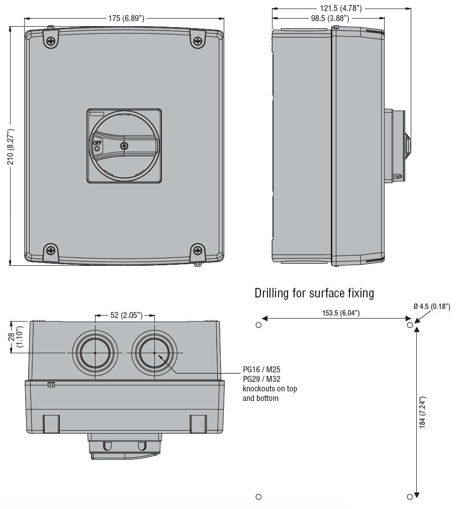 UL/CSA type 4/4X non-metallic enclosured switch disconnector, three-pole. With rotating handle