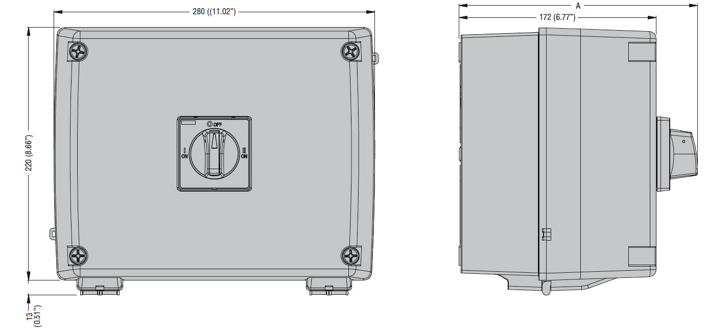 UL/CSA type 4/4X non-metallic enclosured switch disconnector, three-pole. With rotating handle