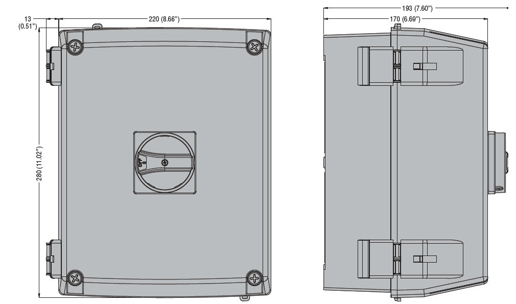 UL/CSA type 4/4X non-metallic enclosured switch disconnector, four-pole. With rotating handle