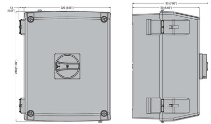 UL/CSA type 4/4X non-metallic enclosured switch disconnector, four-pole. With rotating handle