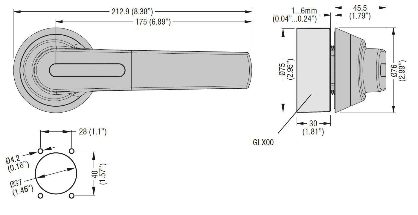 Door-coupling handle for GL0320…GL0630. Screw fixing. 175mm lever length pistol handle - defeatable (req. UL508A). Black. □10mm. IP66, IP69K and NEMA 4X