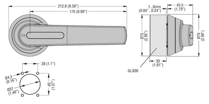 Door-coupling handle for GL0631…GL1000. Screw fixing. 175mm lever length pistol handle - defeatable (req. UL508A). Red/yellow. □12mm. IP66, IP69K and NEMA 4X