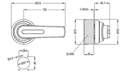 Door-coupling handle. For GMF J400. Screw fixing. 125mm/4.92” lever length pistol handle - defeatable (req. UL508A). Red/yellow. □12mm/0.47”