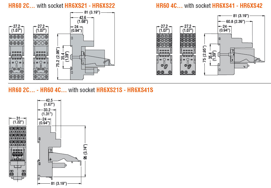 Industrial relay with LED state indicator and mechanical actuator, 5A, 4 C/O contact. Fitting on socket HR6XS4...